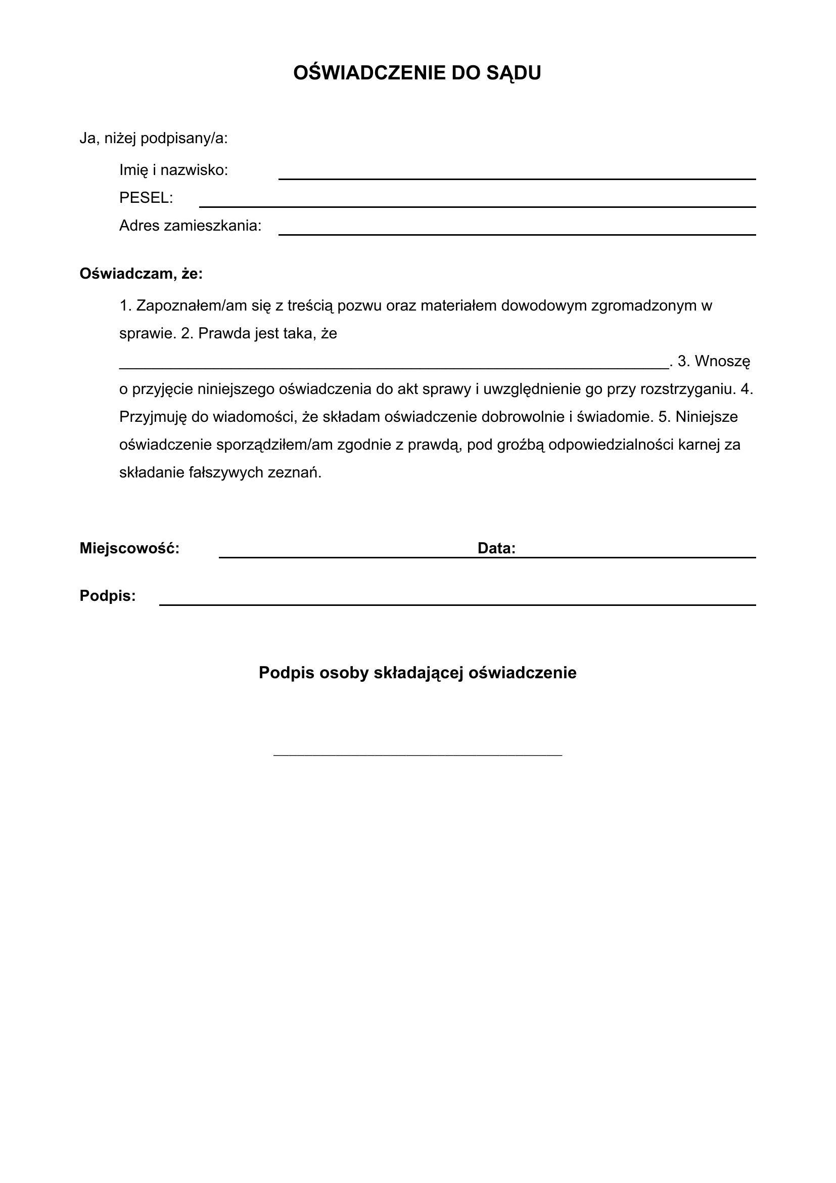 Oświadczenie Do Sądu Wzór