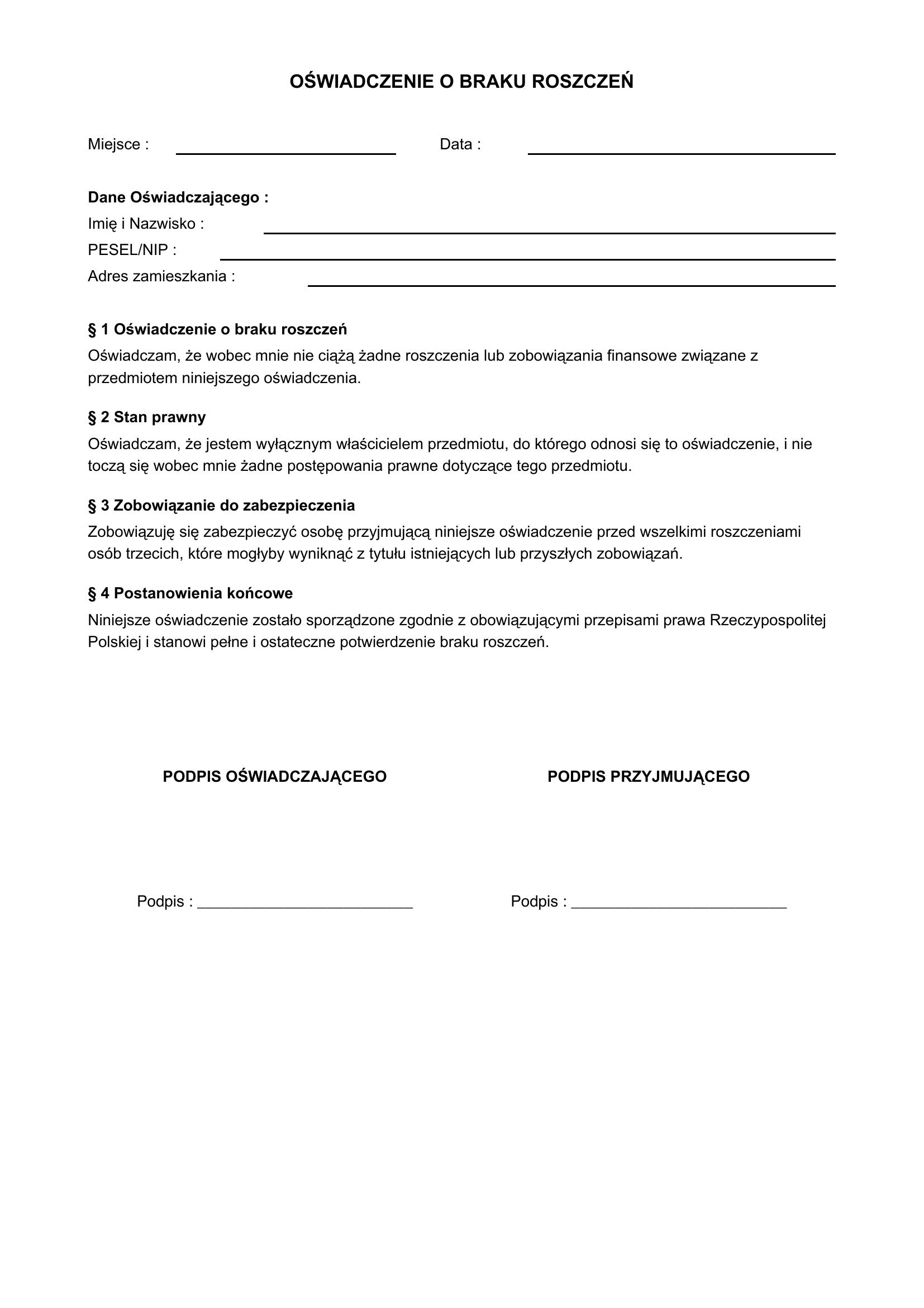 Oświadczenie O Braku Roszczeń
