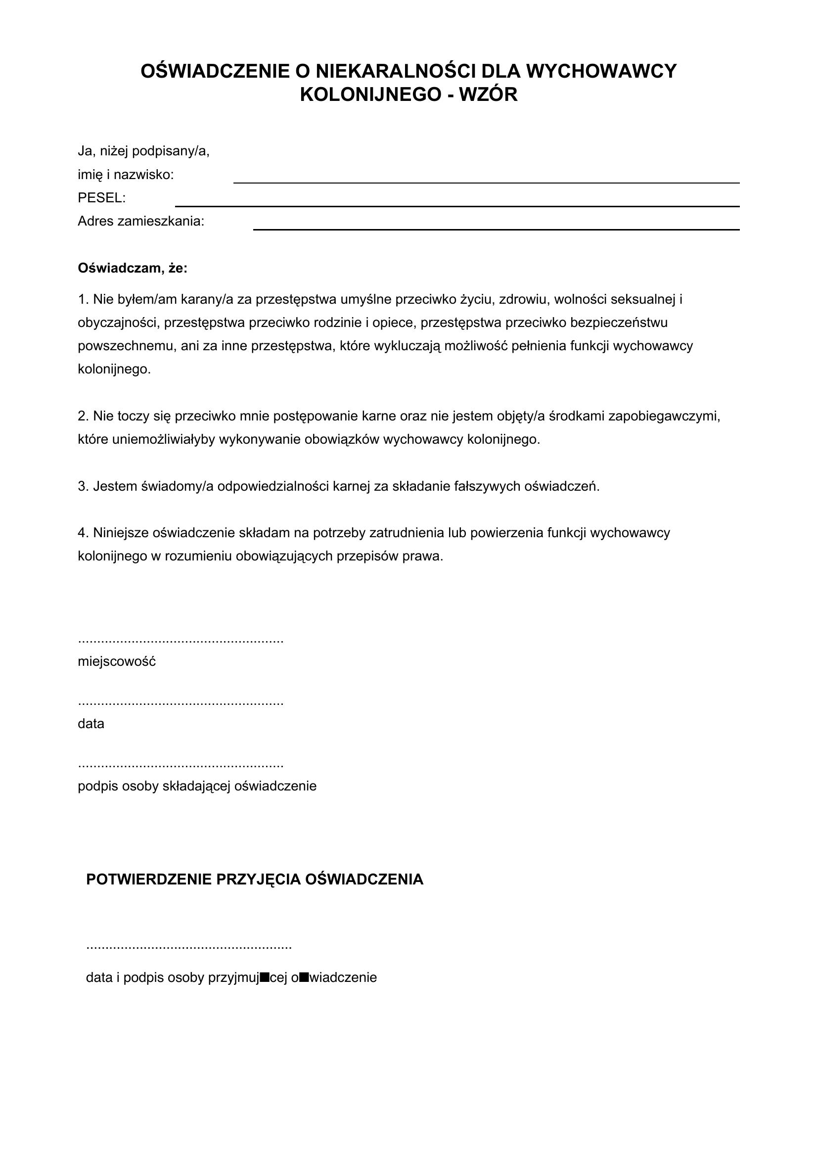 Oświadczenie O Niekaralności Dla Wychowawcy Kolonijnego Wzór