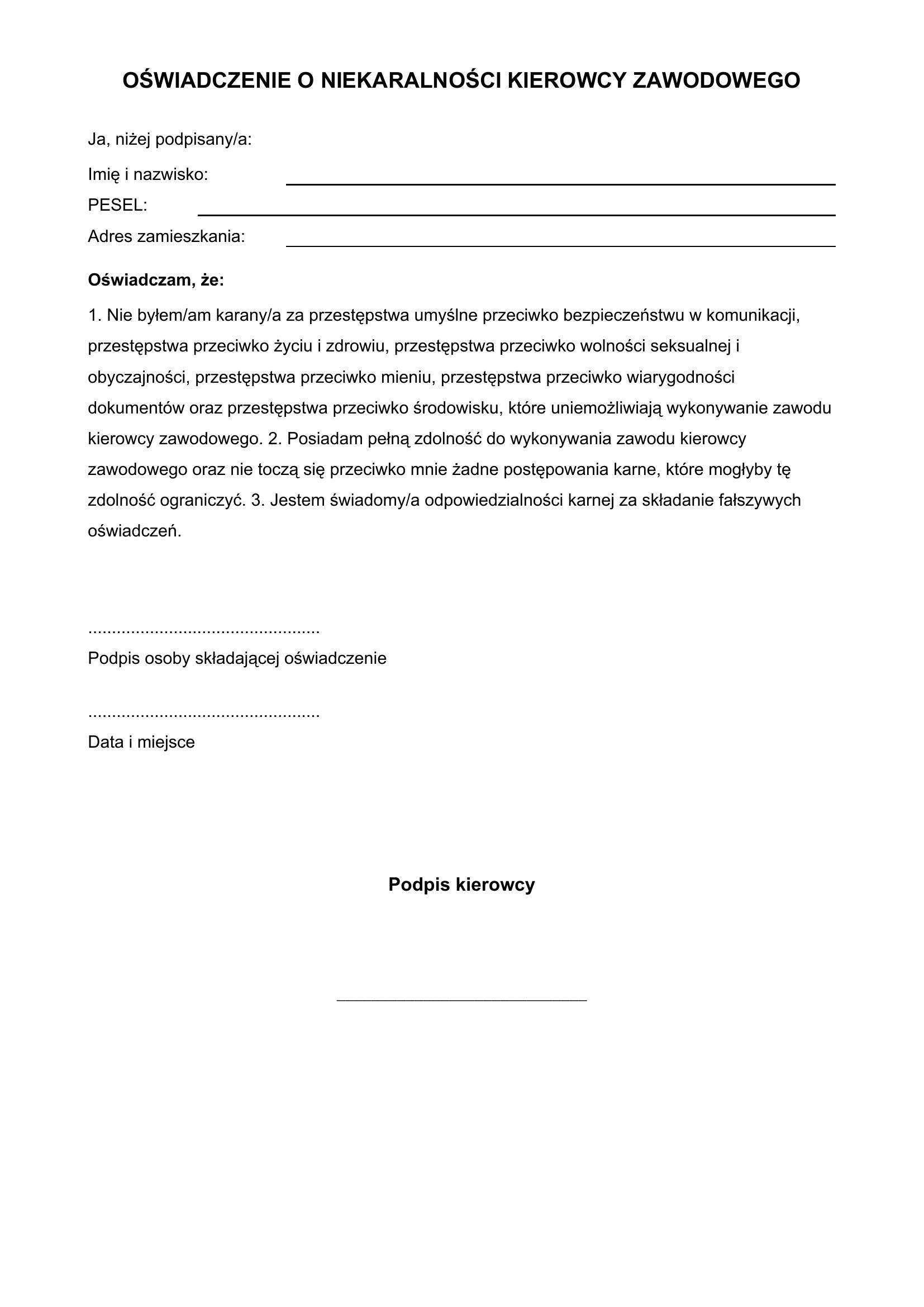 Oświadczenie O Niekaralności Kierowcy Zawodowego Wzór