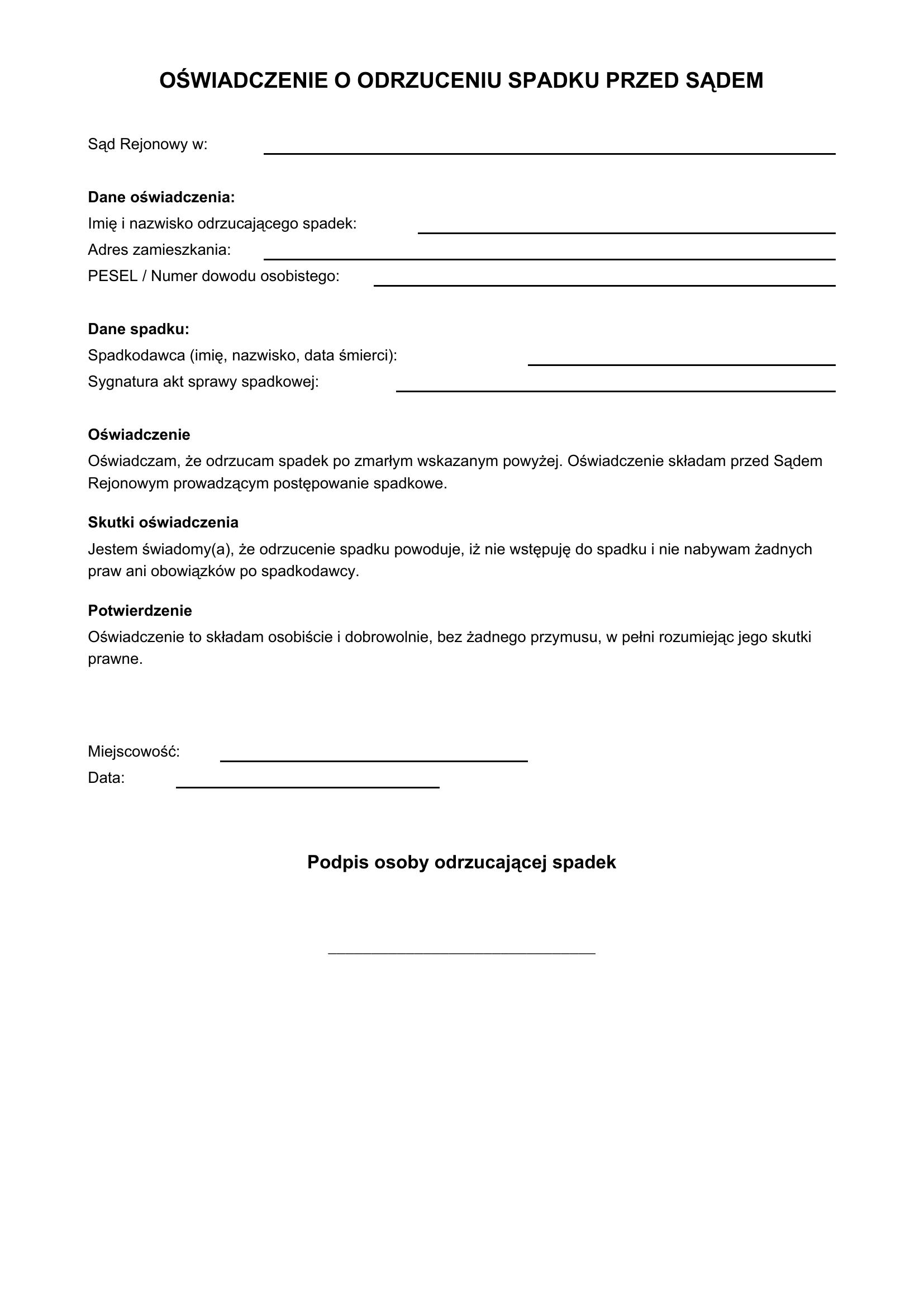 Oświadczenie O Odrzuceniu Spadku Przed Sądem Wzór