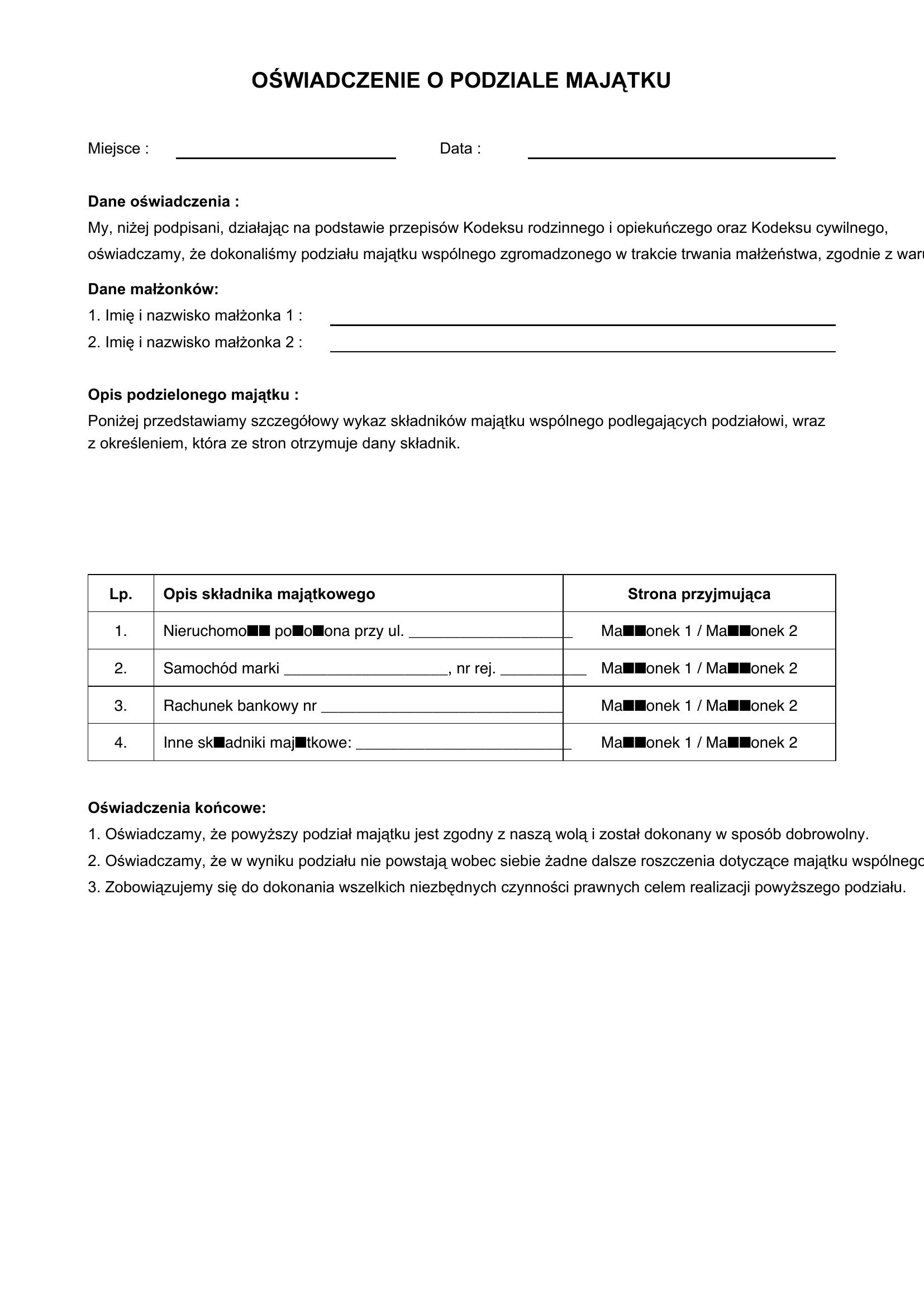 Oświadczenie O Podziale Majątku Wzór