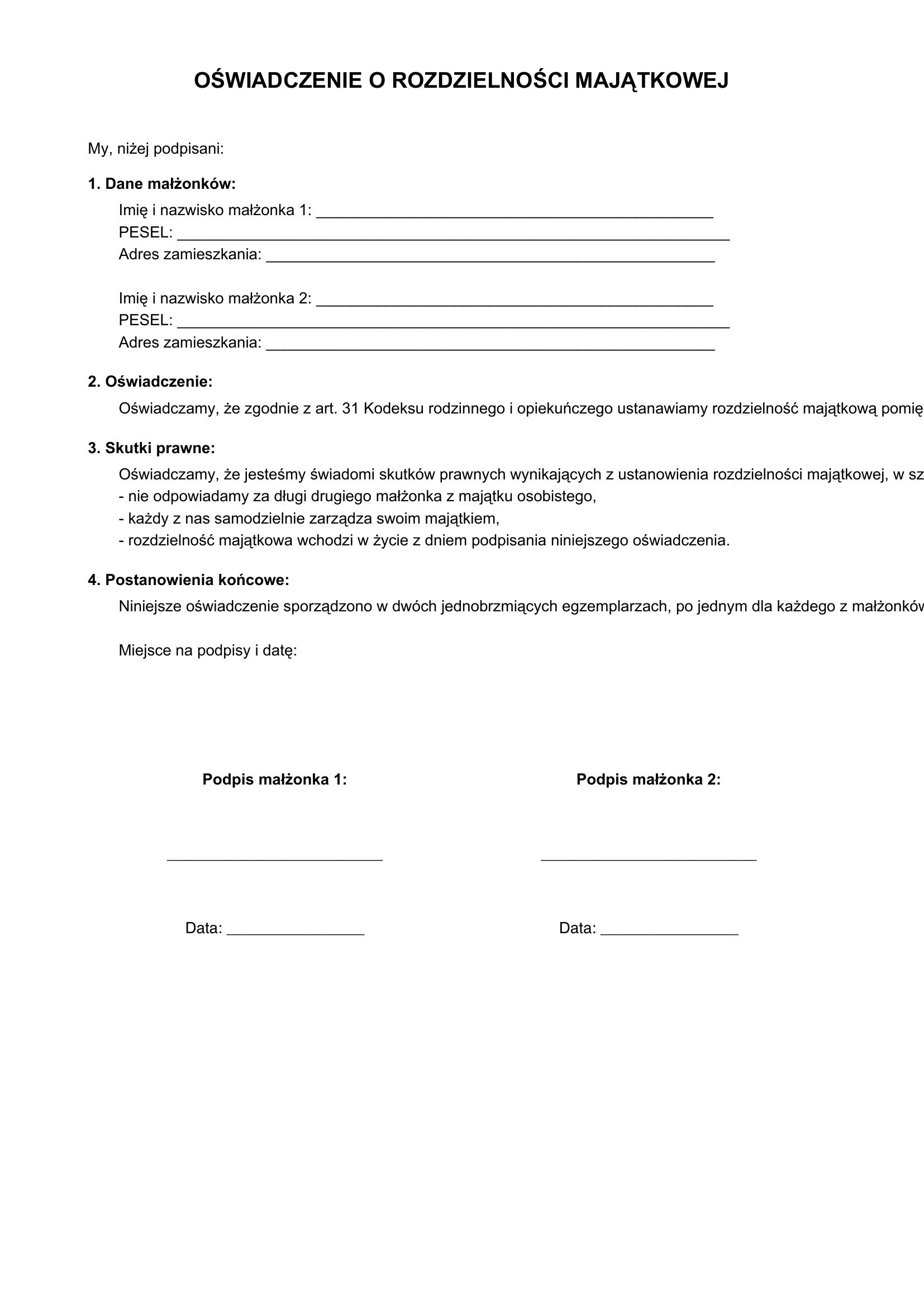 Oświadczenie O Rozdzielności Majątkowej Wzór