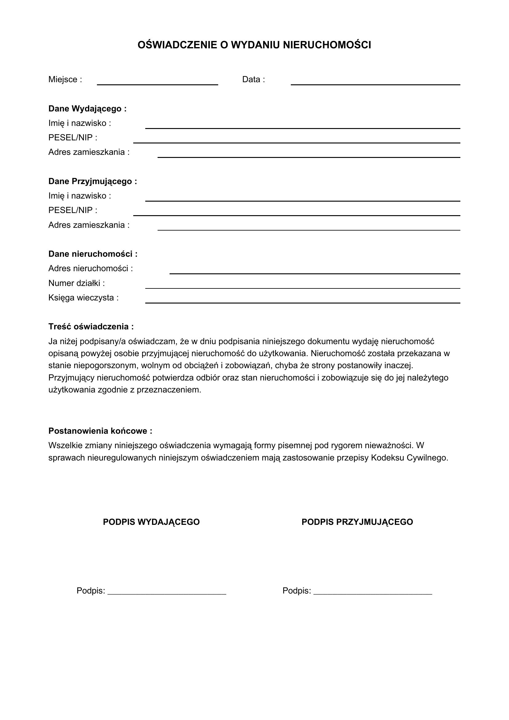 Oświadczenie O Wydaniu Nieruchomości Wzór