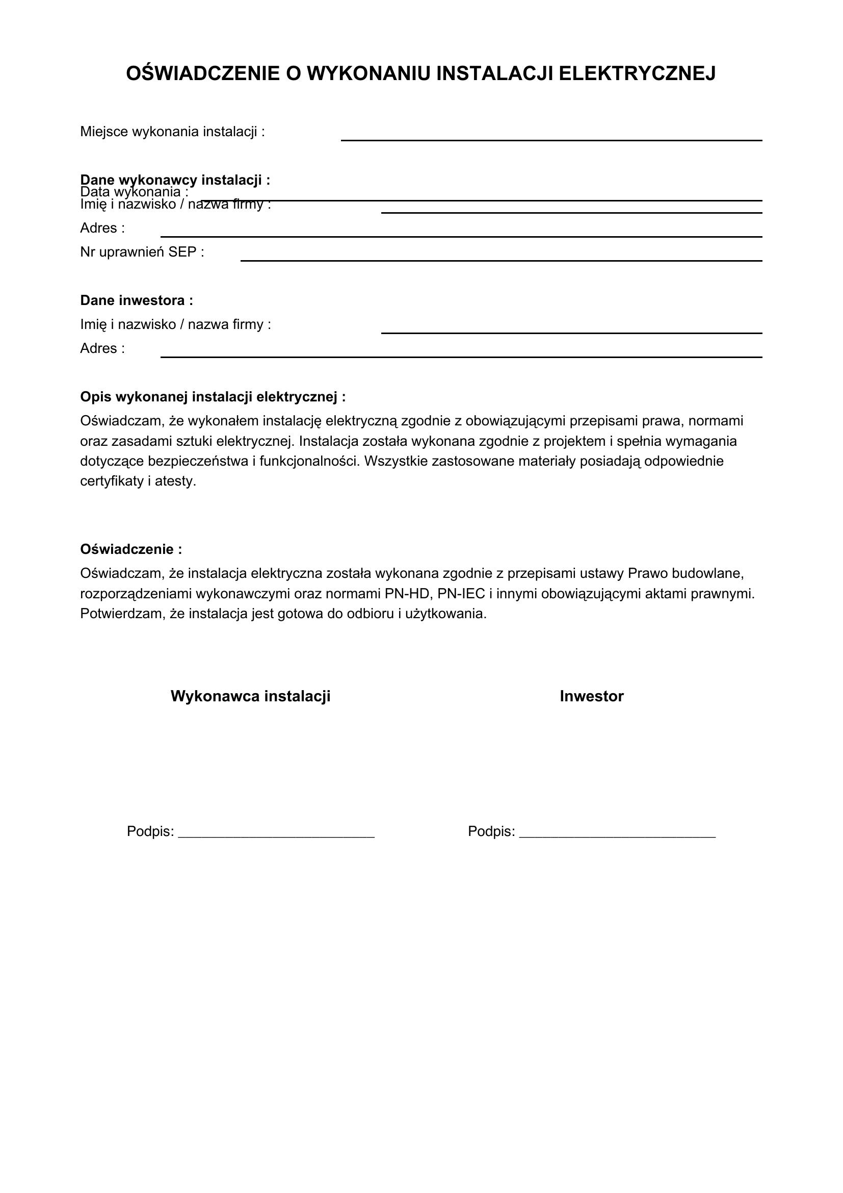 Oświadczenie O Wykonaniu Instalacji Elektrycznej
