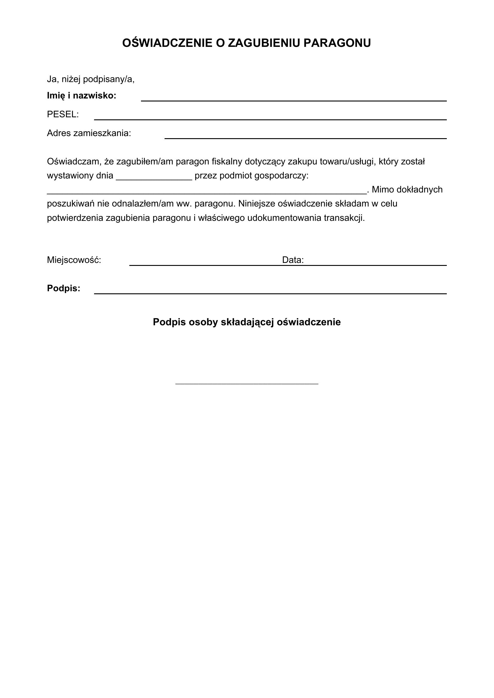 Oświadczenie O Zagubieniu Paragonu