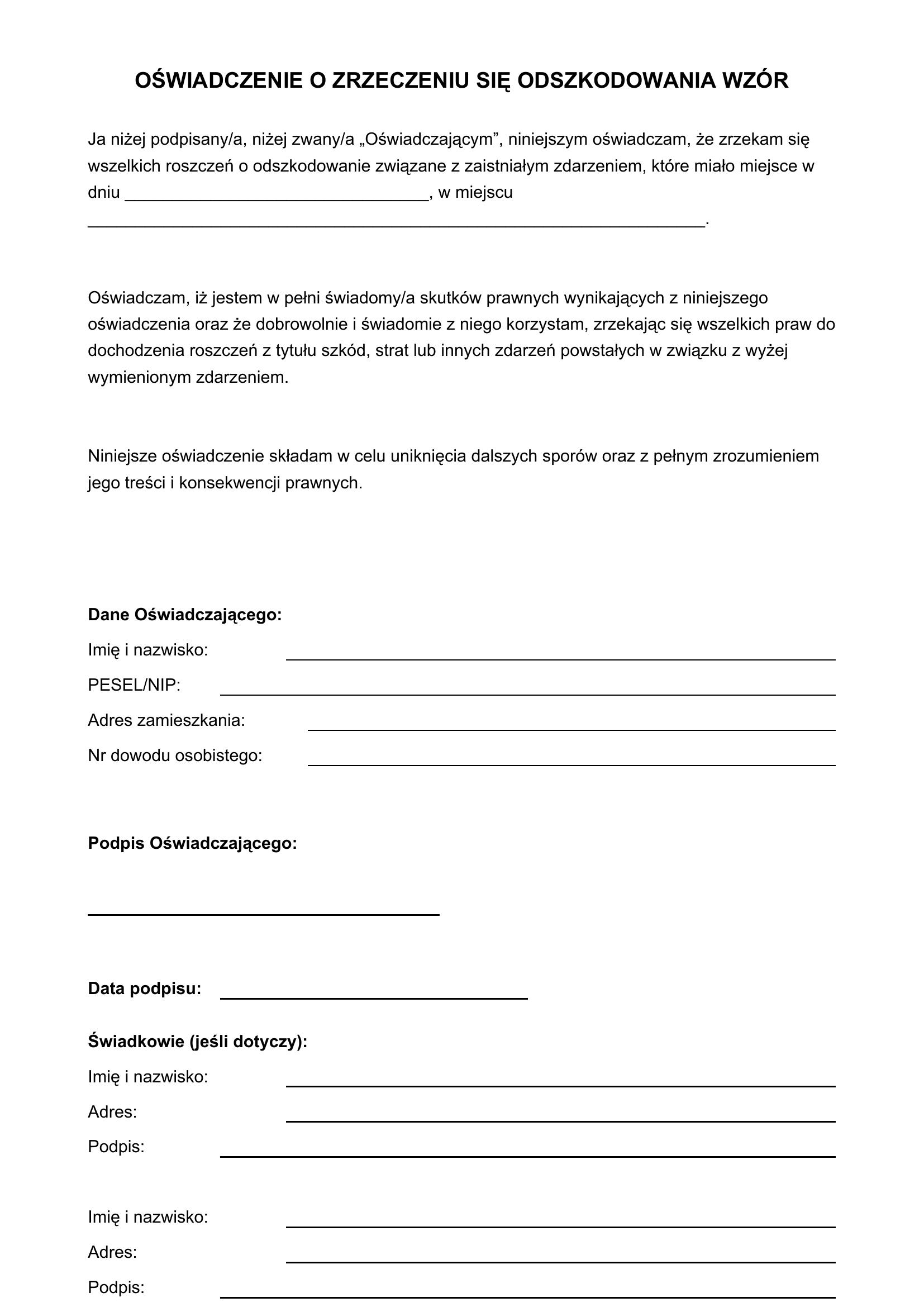 Oświadczenie O Zrzeczeniu Się Odszkodowania Wzór