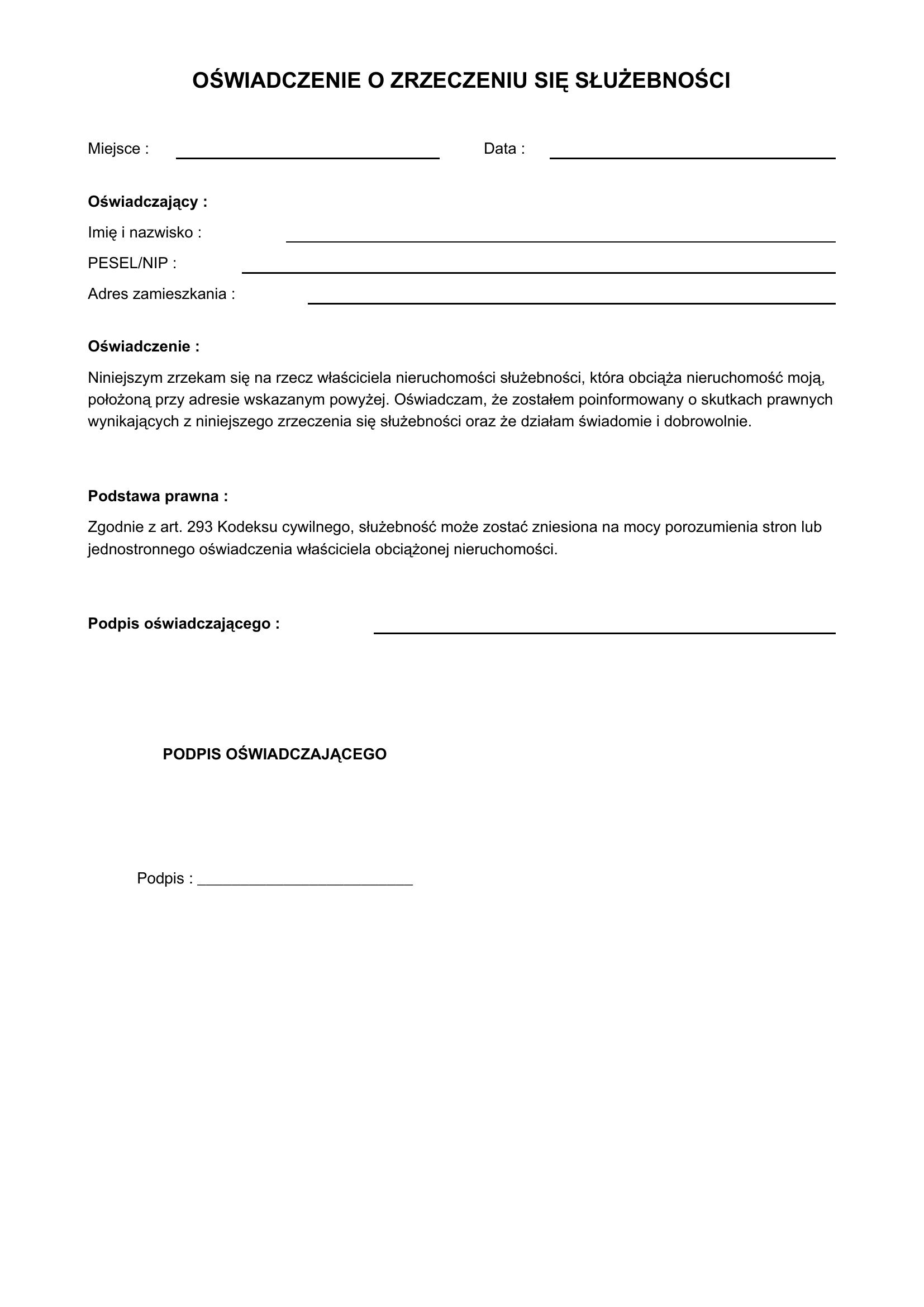 Oświadczenie O Zrzeczeniu Się Służebności Wzór