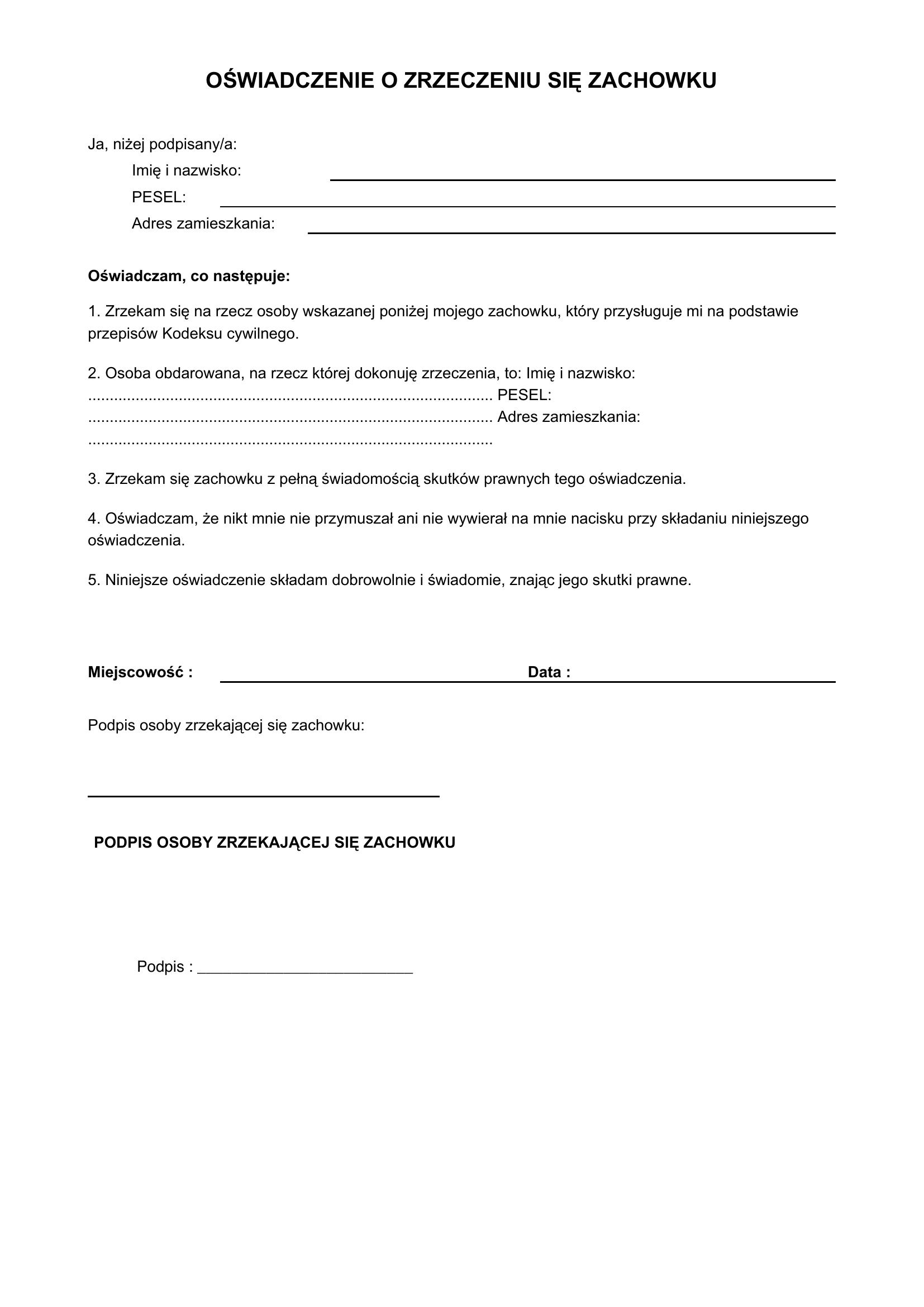 Oświadczenie O Zrzeczeniu Się Zachowku Wzór