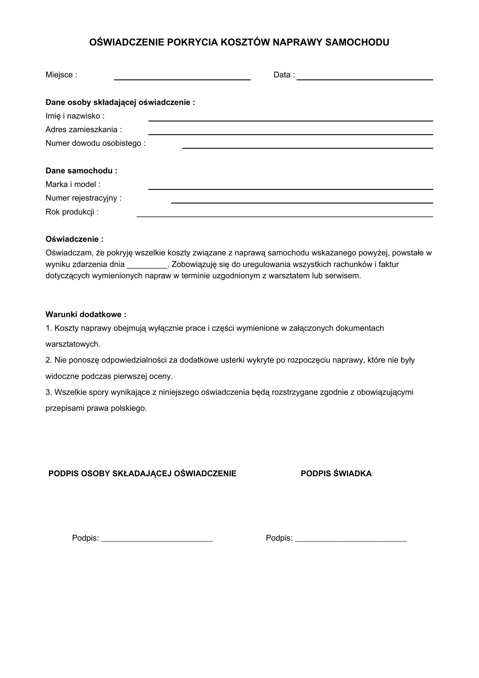 Oświadczenie Pokrycia Kosztów Naprawy Samochodu
