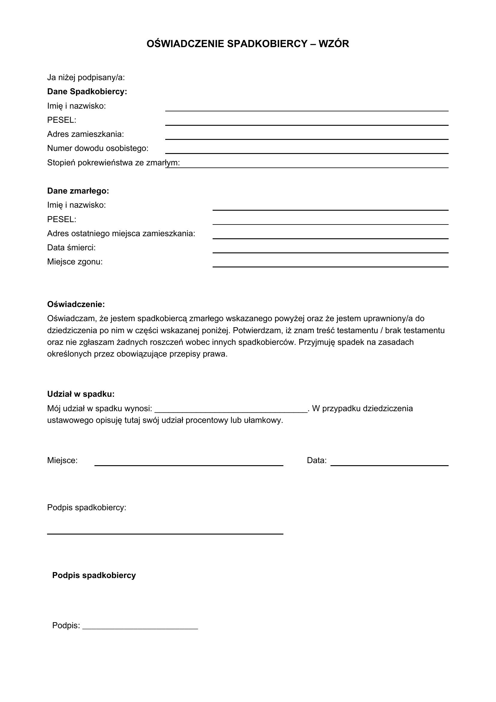 Oświadczenie Spadkobiercy Wzór