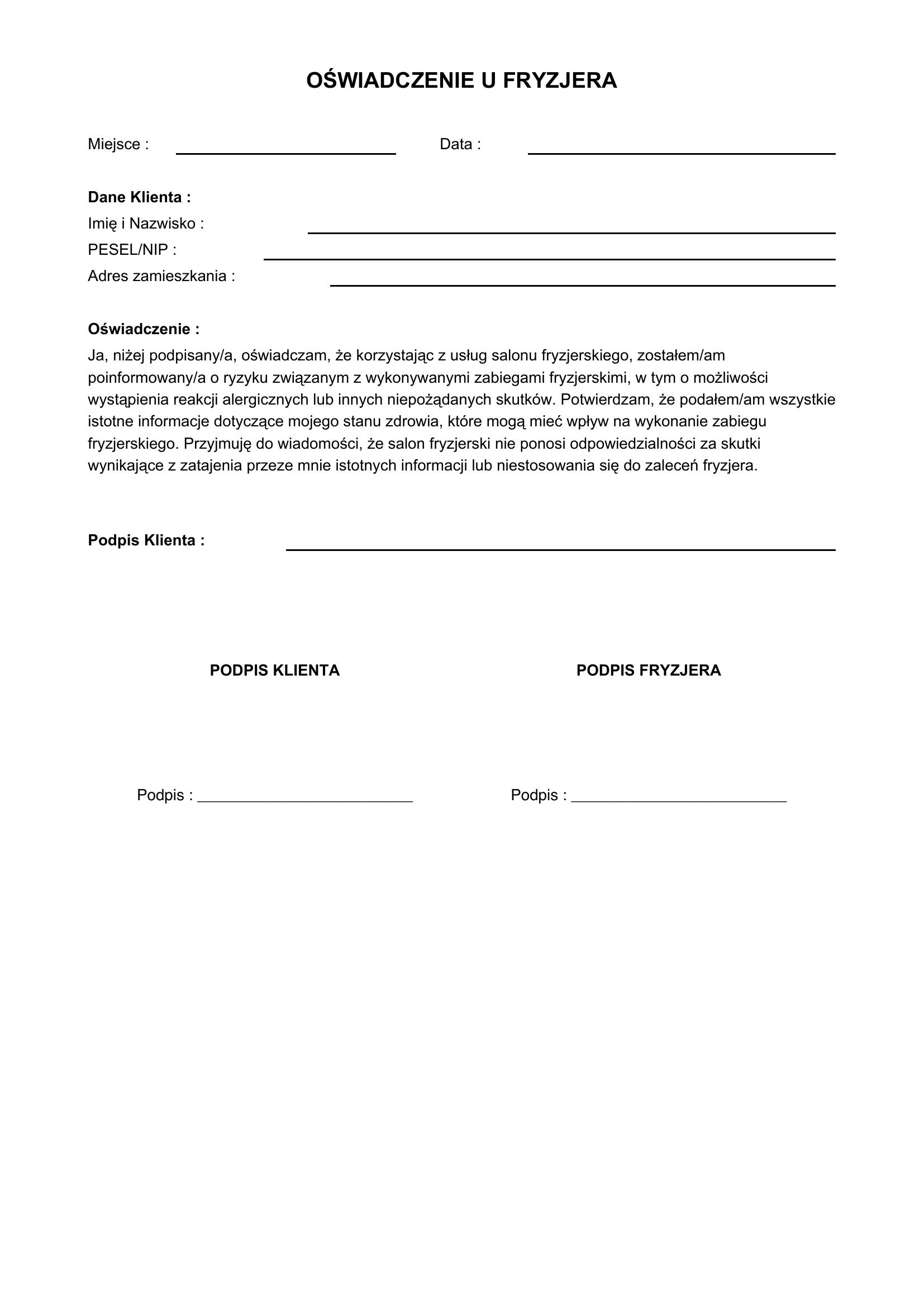 Oświadczenie U Fryzjera Wzór