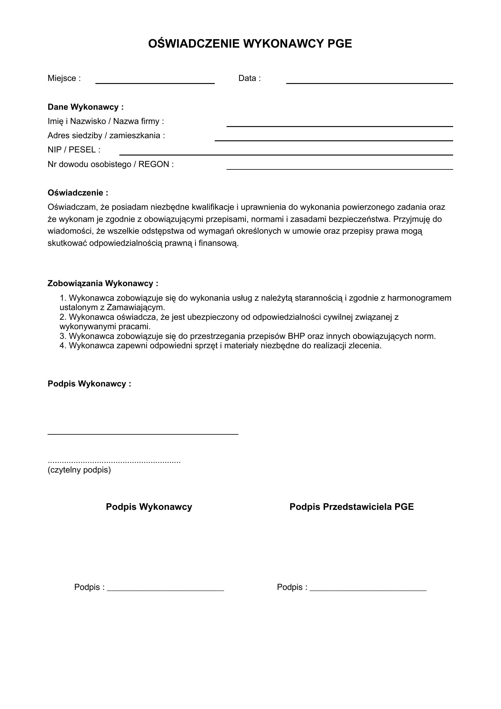 Oświadczenie Wykonawcy Pge