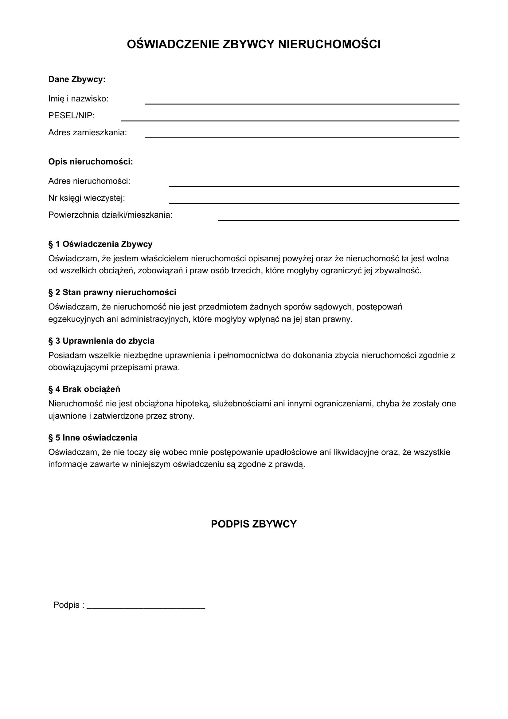Oświadczenie Zbywcy Nieruchomości Wzór