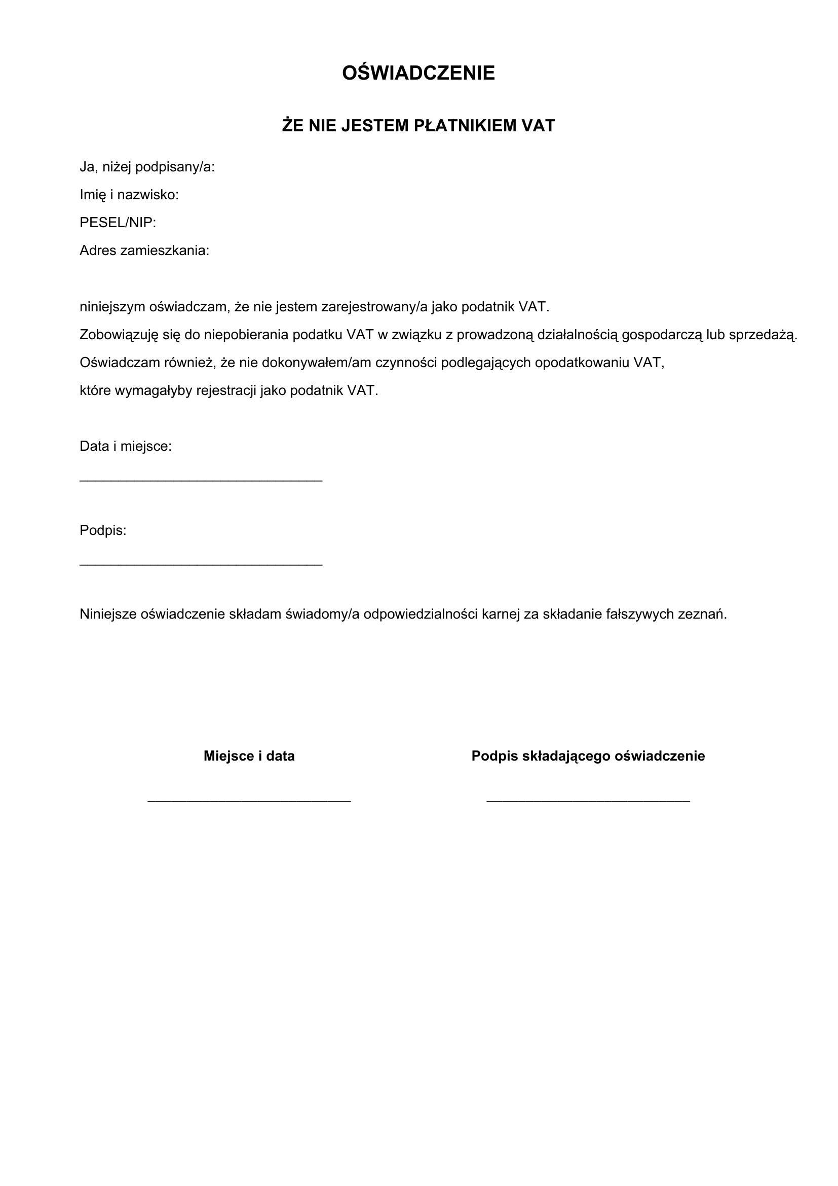 Oświadczenie Że Nie Jestem Płatnikiem Vat Wzór