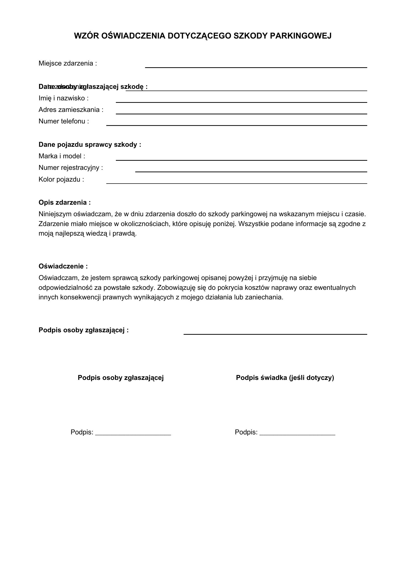 Szkoda Parkingowa Wzór Oświadczenia